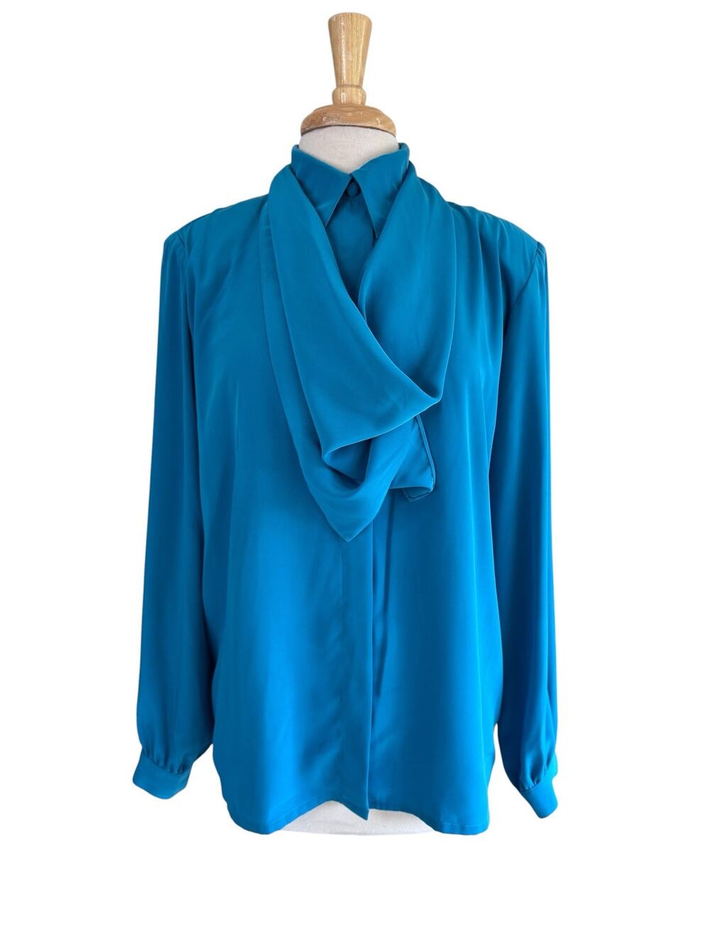 Vintage 80s Teal Blue Slinky Polyester Button Up Blouse Size 14 OLEG CASSINI